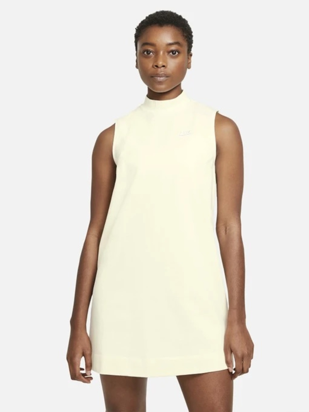 Sleeveless High-Neck Cream(yellow tone) Shift Dress with embroidered logo